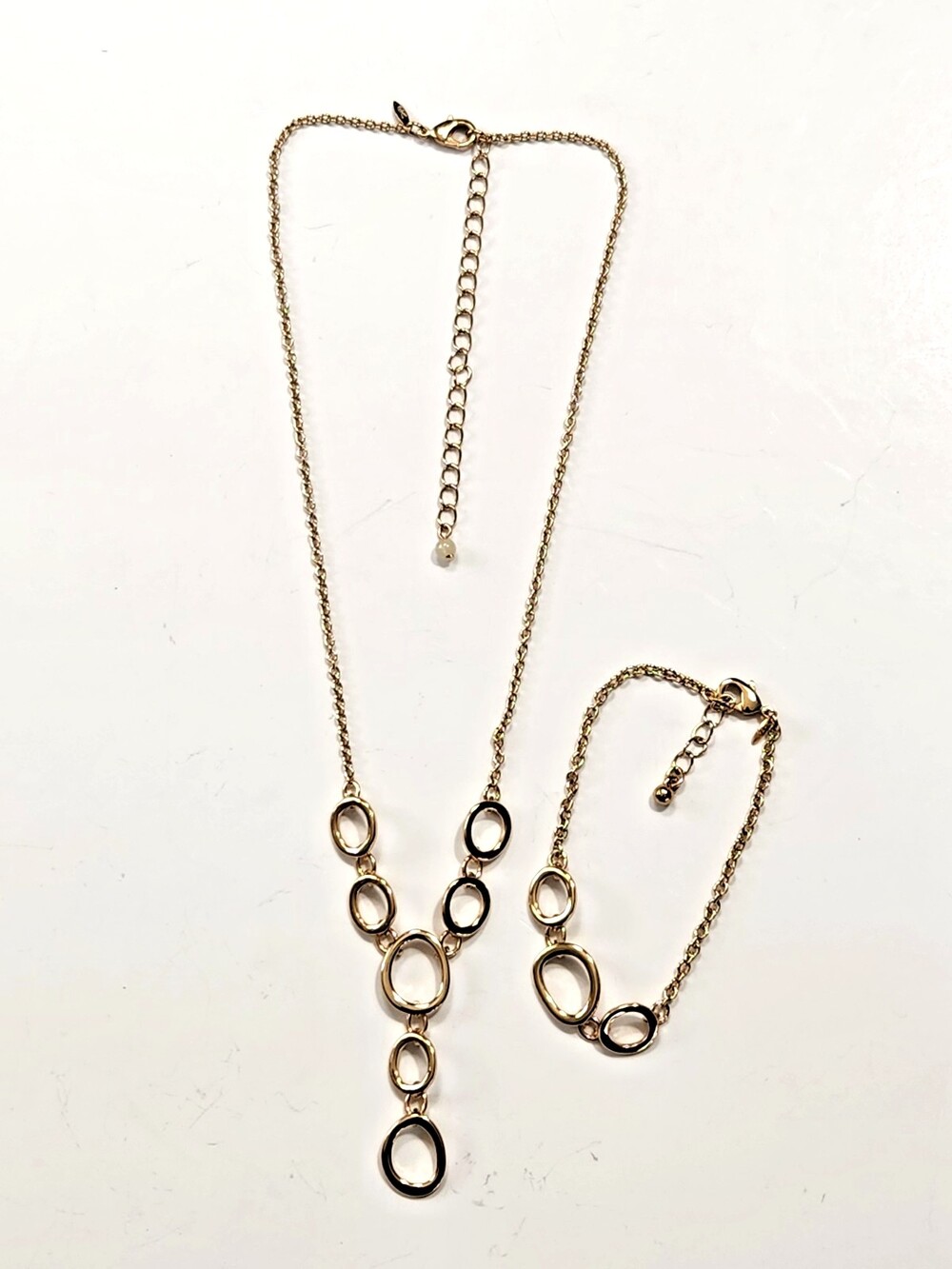 Vtg Avon SHB Set Bracelet Y drop Necklace Goldtone Geometric Circles Design 60s